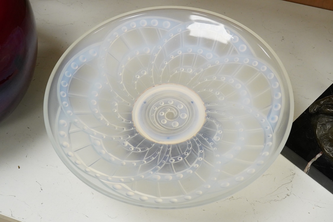 J Landier, a French Art Deco opalescent glass bowl on wooden pedestal base, 35cm in diameter